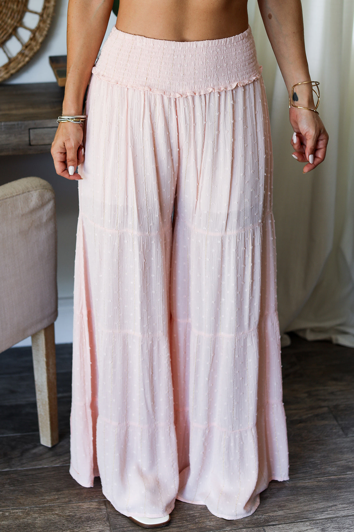 Women Solid Baby Pink Cotton Wide Leg Pants